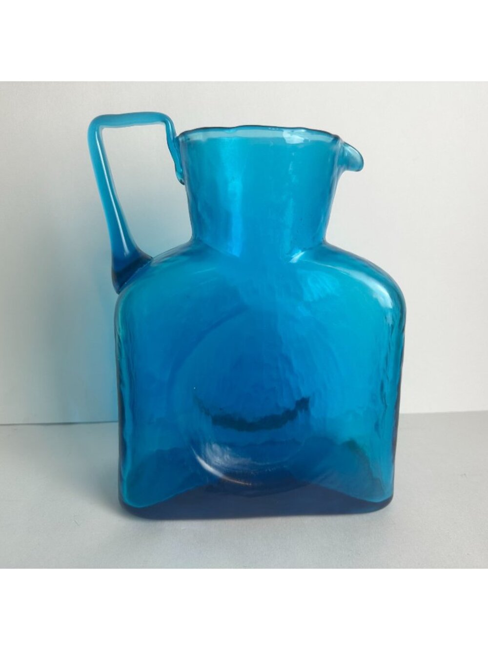 Blenko Blue Glass Water Bottle One Handled Pitcher MCM